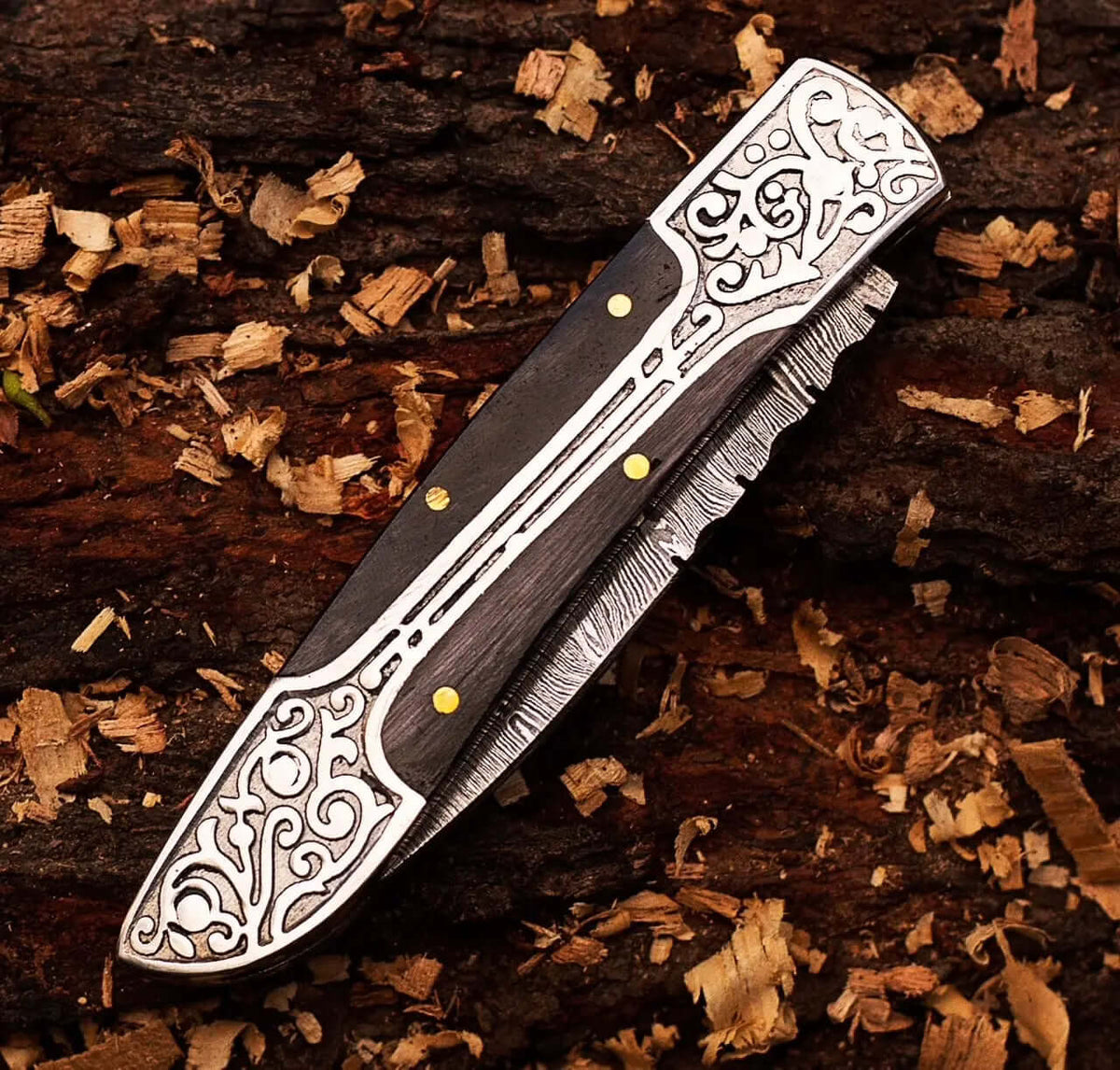 Engraved Damascus Folding Knife – Steel Handle EDC Pocket Knife - Unique Blades Runner