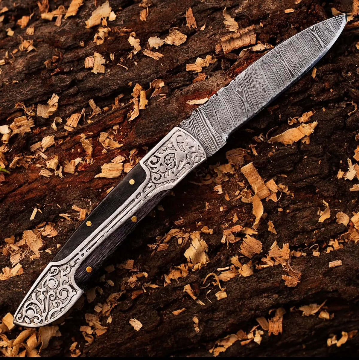 Engraved Damascus Folding Knife – Steel Handle EDC Pocket Knife - Unique Blades Runner