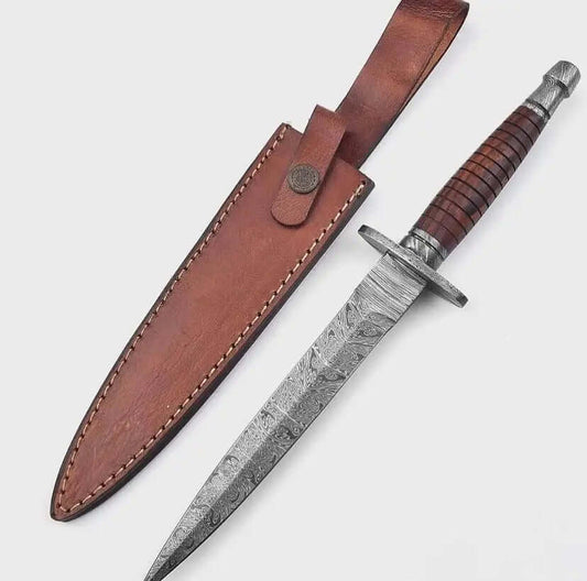 Fairbairn Sykes Commando Knife with Damascus Blade & Leather Sheath - Unique Blades Runner