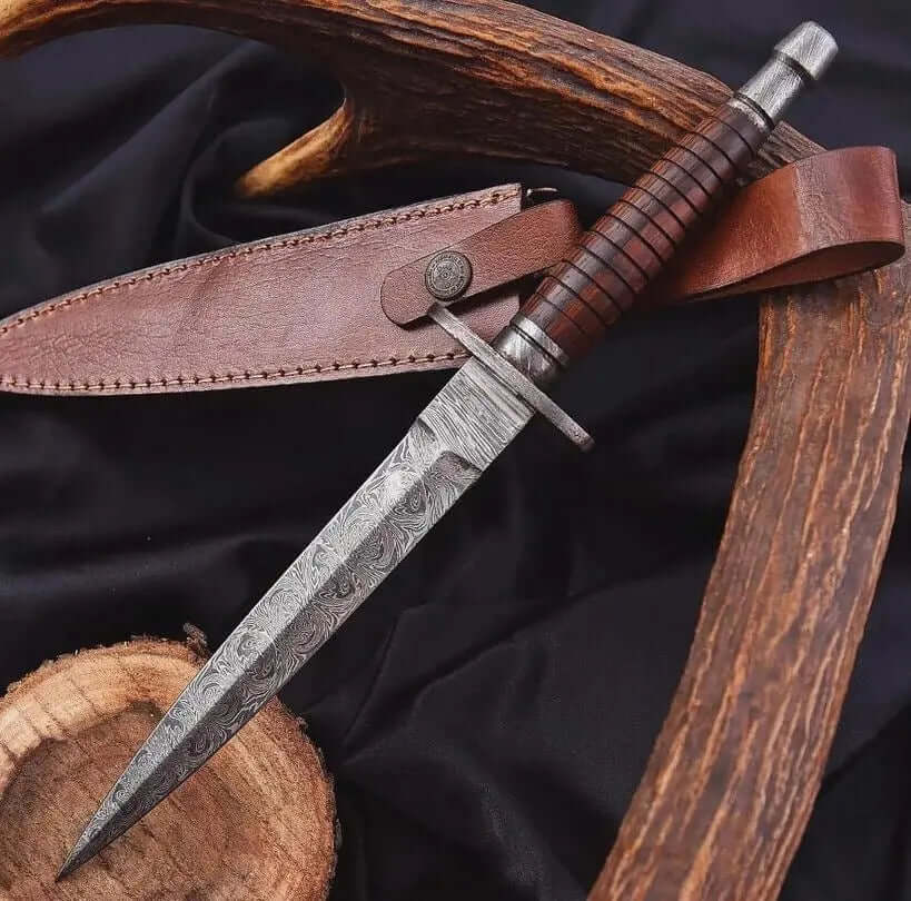 Fairbairn Sykes Commando Knife with Damascus Blade & Leather Sheath - Unique Blades Runner