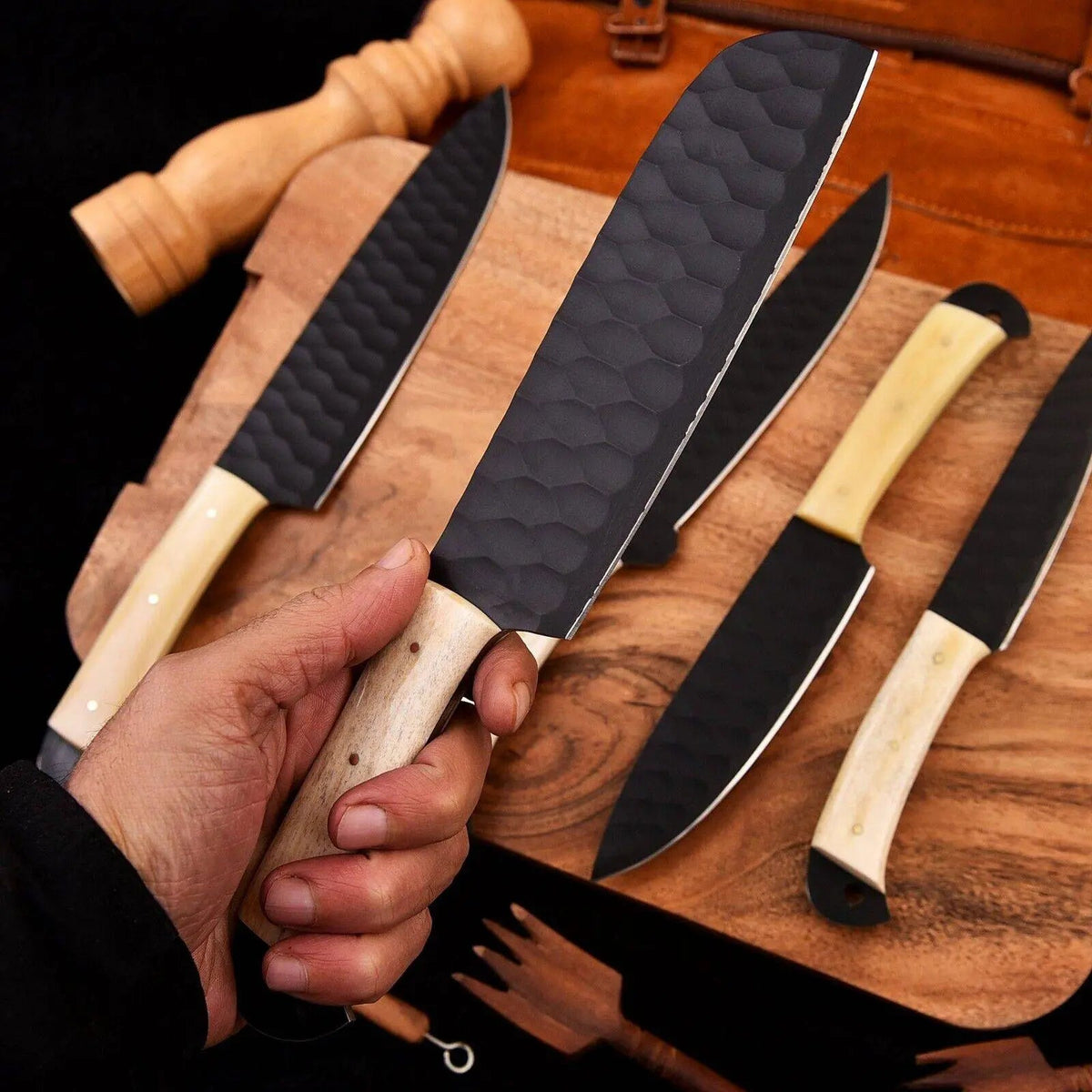 Full Tang Chef Set – Handmade High Carbon Steel with Camel Bone Handle | Father’s Day Gift - Unique Blades Runner