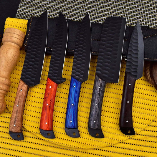 Hammered Black Chef Knife Set – 5 Piece Kitchen Knives with Multi-Color Handles - Unique Blades Runner