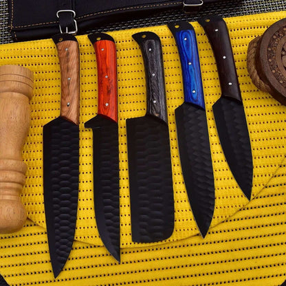 Hammered Black Chef Knife Set – 5 Piece Kitchen Knives with Multi-Color Handles - Unique Blades Runner