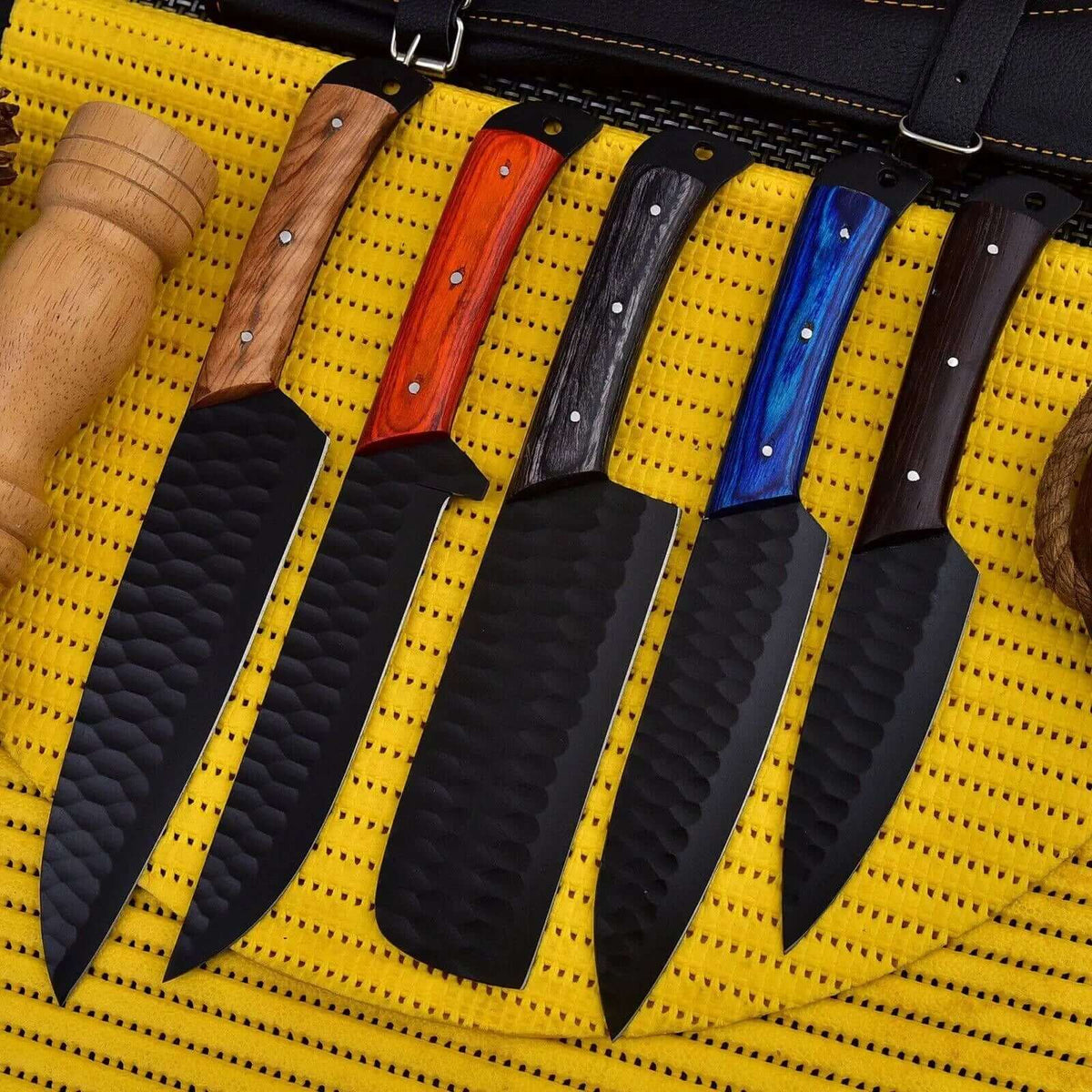 Hammered Black Chef Knife Set – 5 Piece Kitchen Knives with Multi-Color Handles - Unique Blades Runner