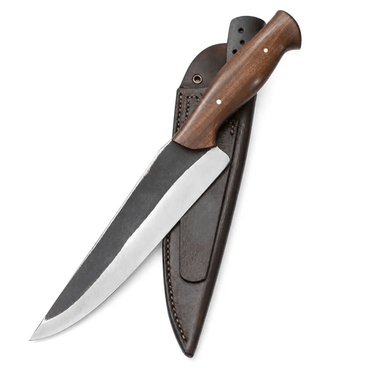 Handmade Bushcraft Knife with Walnut Wood Handle & Leather Sheath - Unique Blades Runner