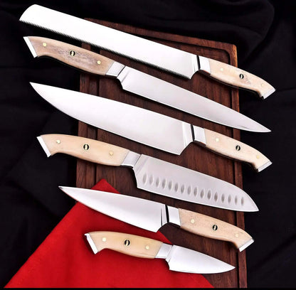 Handmade D2 Tool Steel Chef Knife Set – 6-Piece with Bone Handles - Unique Blades Runner