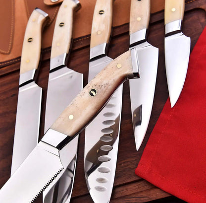 Handmade D2 Tool Steel Chef Knife Set – 6-Piece with Bone Handles - Unique Blades Runner