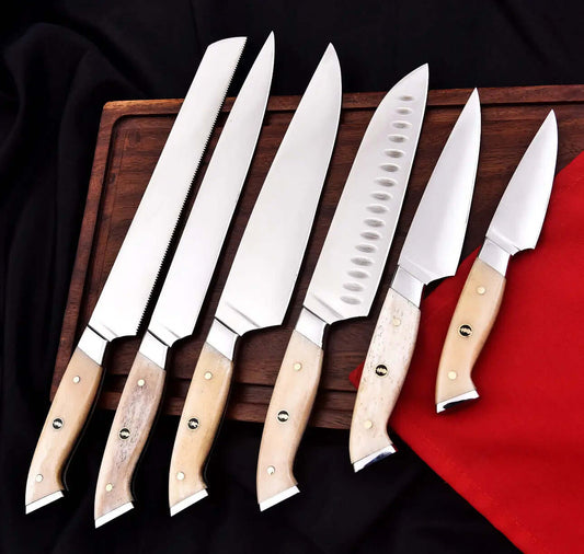 Handmade D2 Tool Steel Chef Knife Set – 6-Piece with Bone Handles - Unique Blades Runner