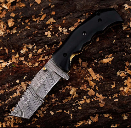 Handmade Damascus Folding Knife with Leather Sheath – Compact EDC Gift - Unique Blades Runner