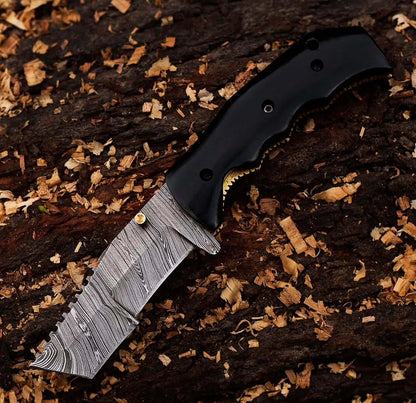 Handmade Damascus Folding Knife with Leather Sheath – Compact EDC Gift - Unique Blades Runner
