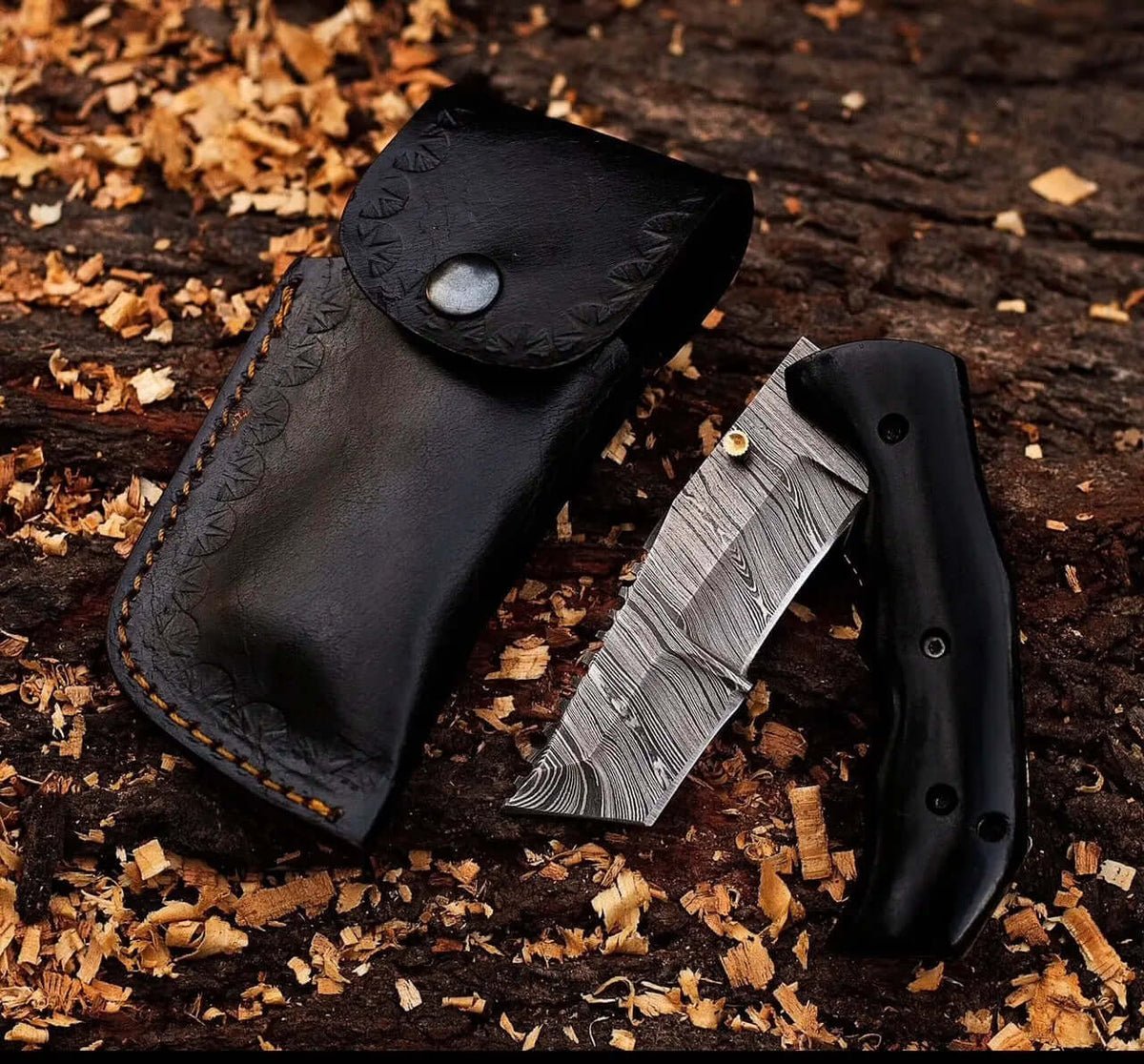 Handmade Damascus Folding Knife with Leather Sheath – Compact EDC Gift - Unique Blades Runner