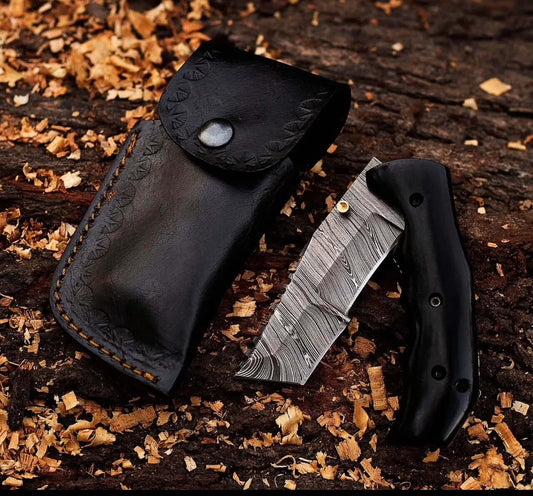 Handmade Damascus Folding Knife with Leather Sheath – Compact EDC Gift - Unique Blades Runner