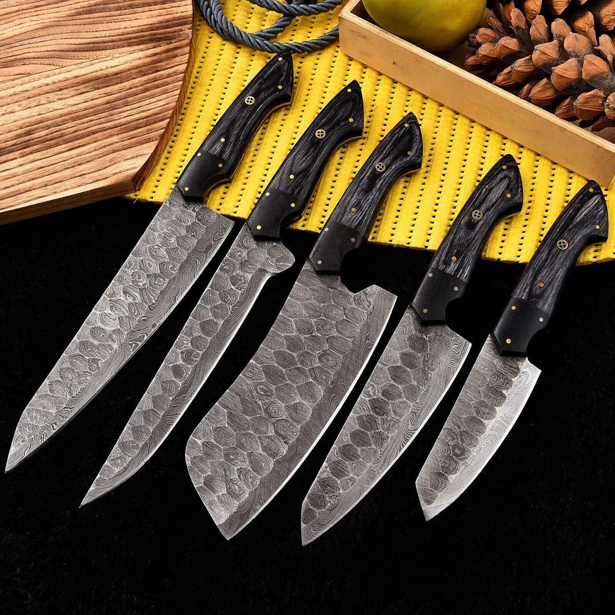 Handmade Damascus Steel Chef Knife Set with Black Wood Handle – Full Tang - Unique Blades Runner