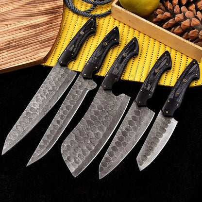 Handmade Damascus Steel Chef Knife Set with Black Wood Handle – Full Tang - Unique Blades Runner