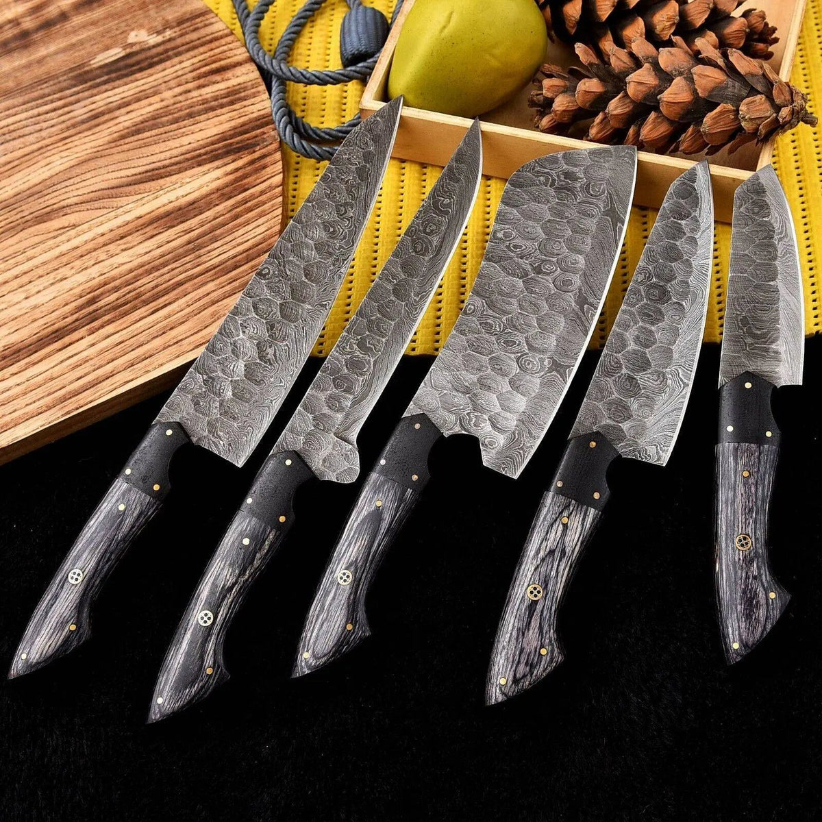 Handmade Damascus Steel Chef Knife Set with Black Wood Handle – Full Tang - Unique Blades Runner