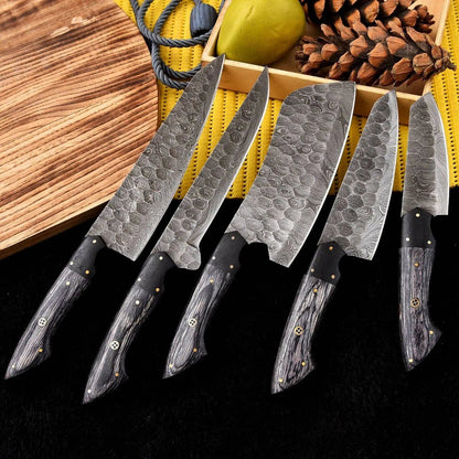 Handmade Damascus Steel Chef Knife Set with Black Wood Handle – Full Tang - Unique Blades Runner