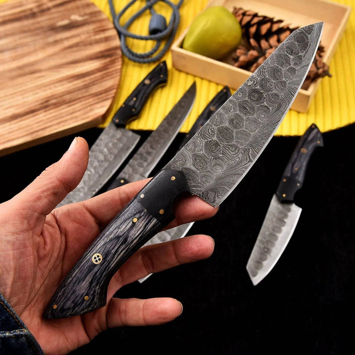 Handmade Damascus Steel Chef Knife Set with Black Wood Handle – Full Tang - Unique Blades Runner