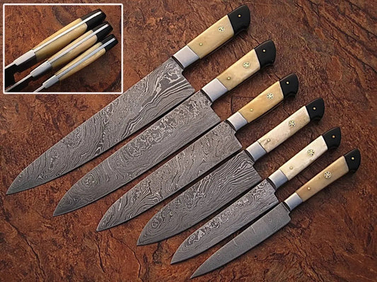 Handmade Damascus Steel Chef Knife Set with Camel Bone Handle – Full Tang Kitchen Knives - Unique Blades Runner