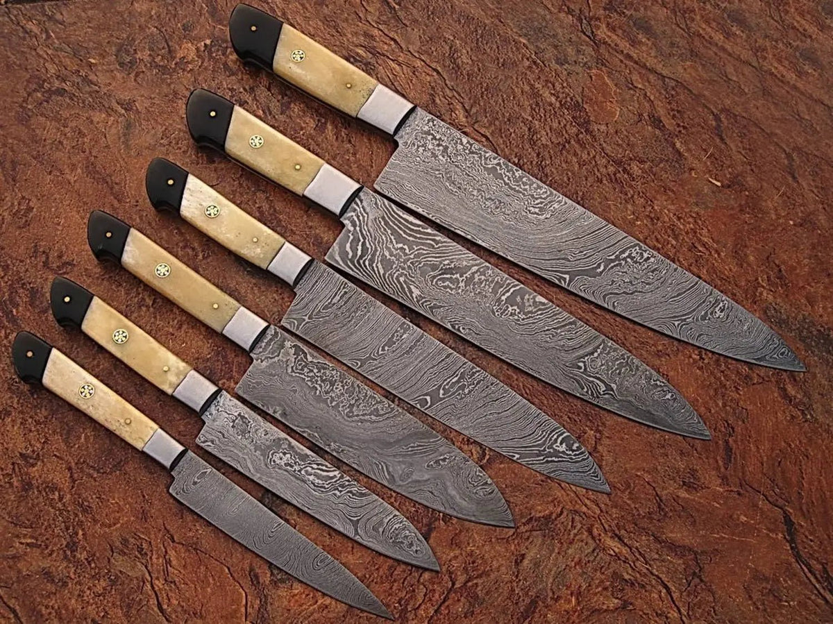 Handmade Damascus Steel Chef Knife Set with Camel Bone Handle – Full Tang Kitchen Knives - Unique Blades Runner