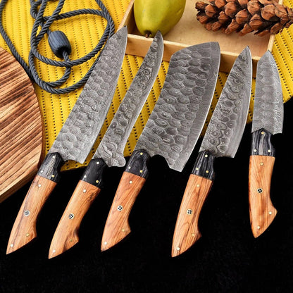 Handmade Damascus Steel Chef Knife Set with Olive Wood Handle – Full Tang - Unique Blades Runner