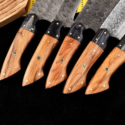 Handmade Damascus Steel Chef Knife Set with Olive Wood Handle – Full Tang - Unique Blades Runner
