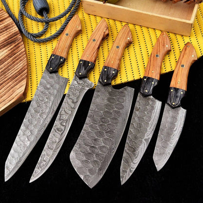 Handmade Damascus Steel Chef Knife Set with Olive Wood Handle – Full Tang - Unique Blades Runner