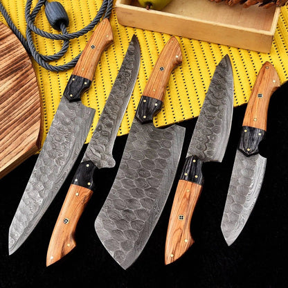 Handmade Damascus Steel Chef Knife Set with Olive Wood Handle – Full Tang - Unique Blades Runner