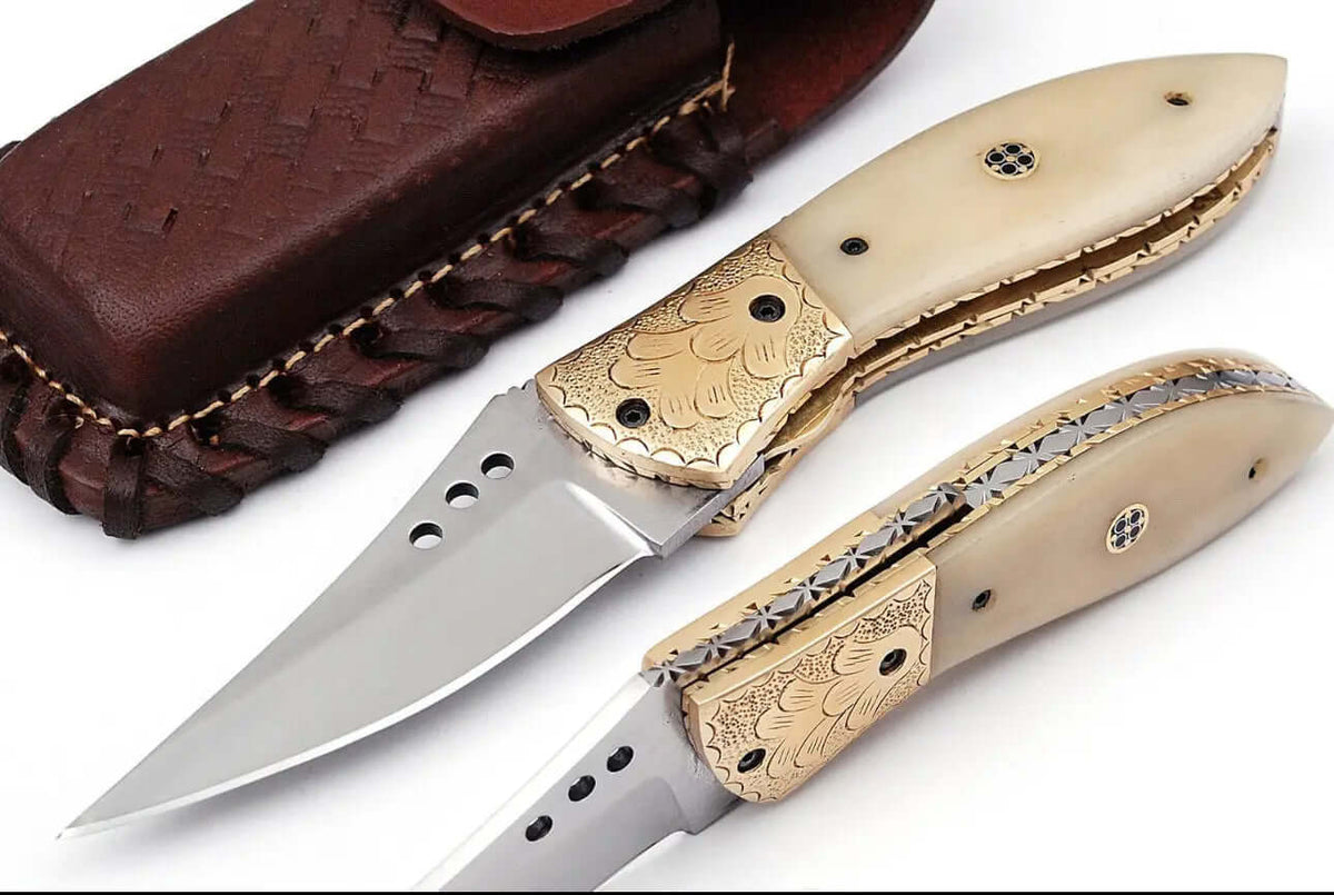 Handmade Folding Knife – Bone Handle & Brass Engraved Bolsters - Unique Blades Runner