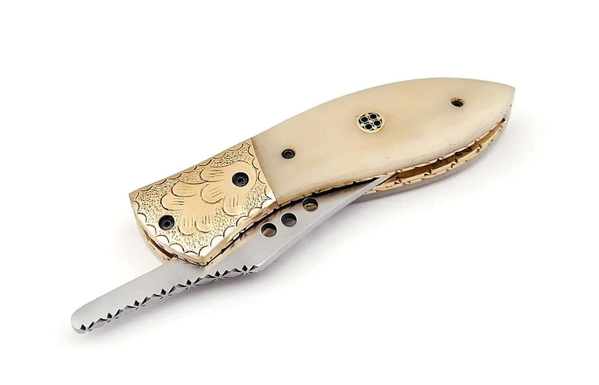 Handmade Folding Knife – Bone Handle & Brass Engraved Bolsters - Unique Blades Runner