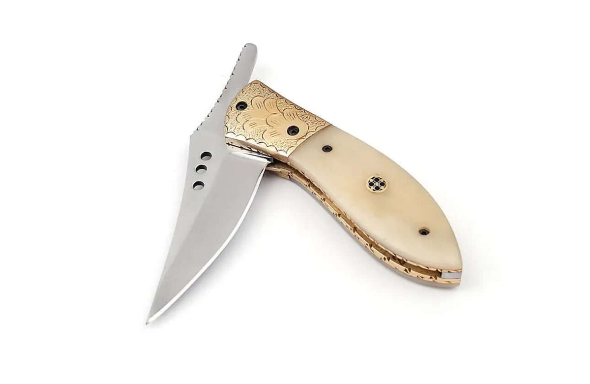 Handmade Folding Knife – Bone Handle & Brass Engraved Bolsters - Unique Blades Runner