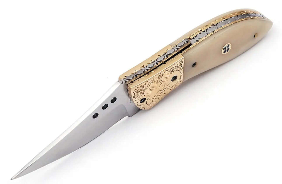 Handmade Folding Knife – Bone Handle & Brass Engraved Bolsters - Unique Blades Runner
