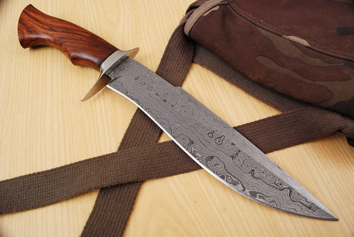 Handmade Damascus Steel Bowie Knife with Leather Sheath – Ideal Gift & Survival Tool Unique Blades Runner