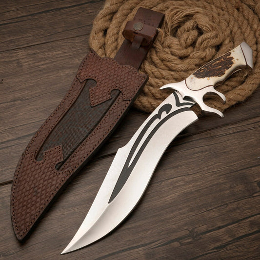 Custom Fantasy Bowie Knife – Stag Horn Handle with Leather Sheath Unique Blades Runner