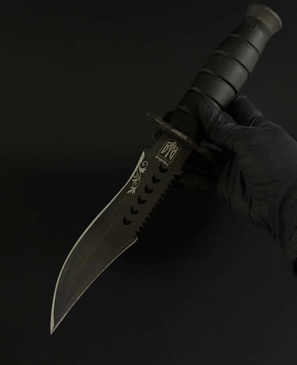 K25 Tactical Knife Black Edition with Serrated Spine - Unique Blades Runner