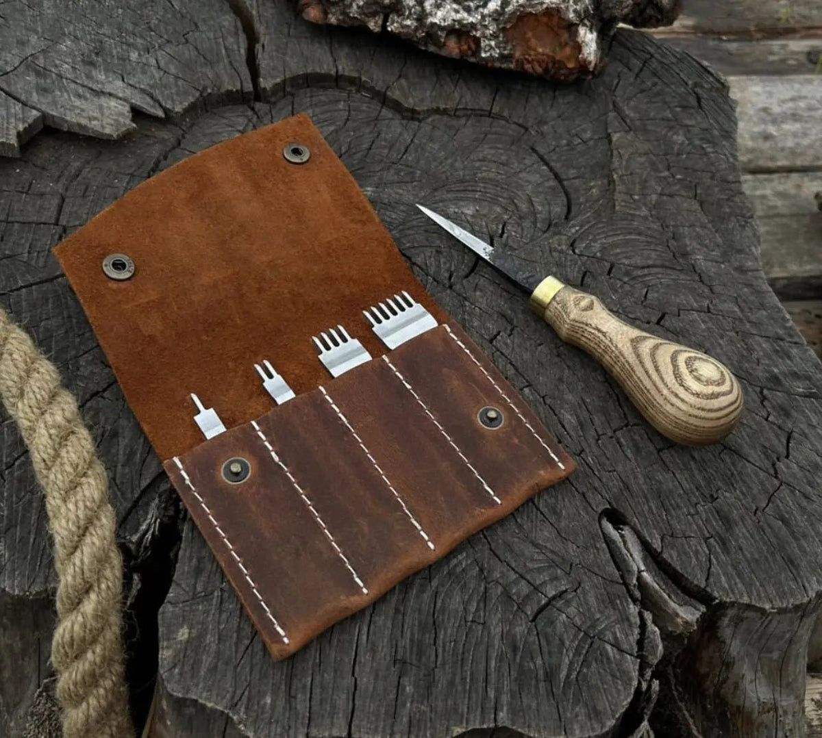 Leather Craft Punch Tool Set with Stitching Awl – Handmade with Leather Case - Unique Blades Runner