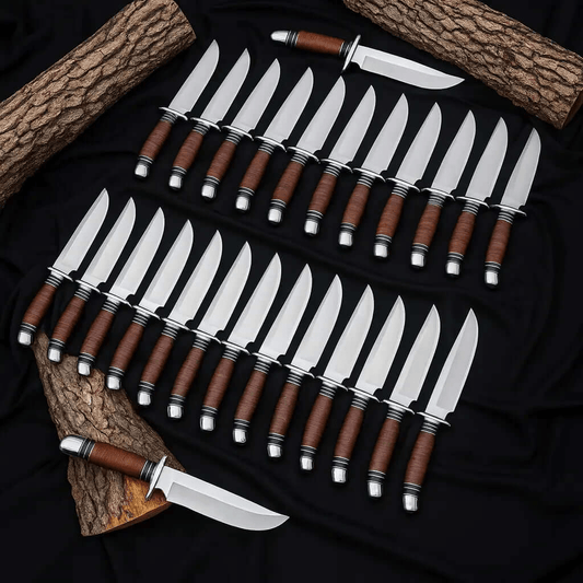 Lot of 25 Carbon Steel Hunting Knives | Leather Stacked Handle Knife Set - Unique Blades Runner