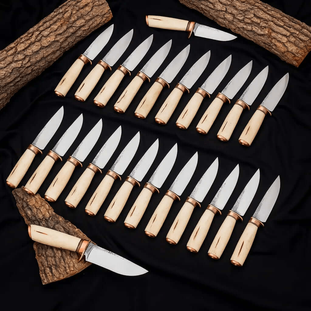 Lot of 25 Carbon Steel Skinner Knives | Handmade Stag Handle Knife Set - Unique Blades Runner
