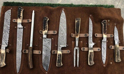 Premium Damascus Steel Butcher Knife Set with Stag Antler Handles – Hunting & BBQ Ready - Unique Blades Runner