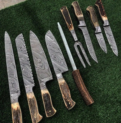 Premium Damascus Steel Butcher Knife Set with Stag Antler Handles – Hunting & BBQ Ready - Unique Blades Runner