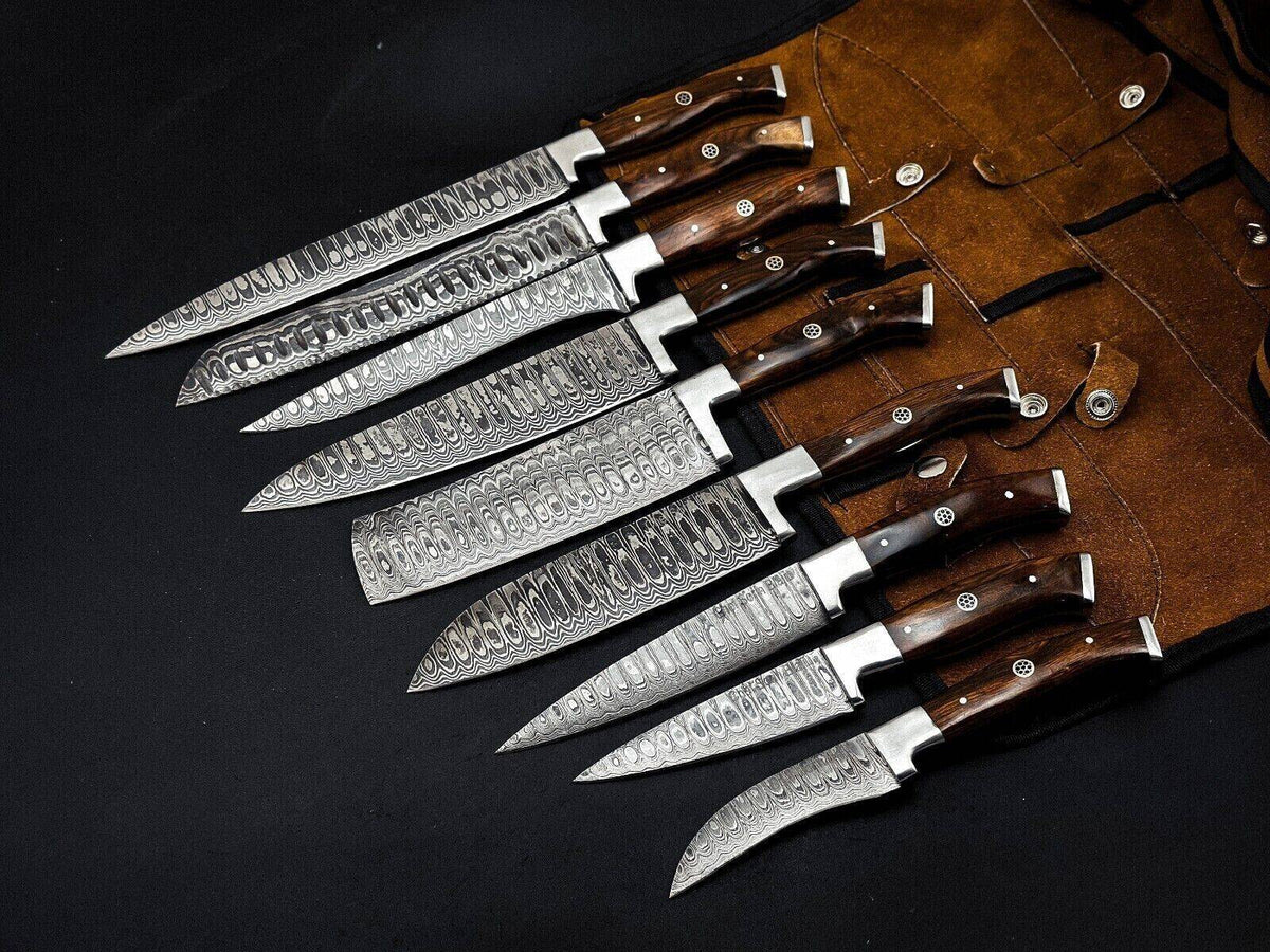 Premium Damascus Steel Chef Knife Set with Dark Rosewood Handle – Full Tang & Leather Roll - Unique Blades Runner