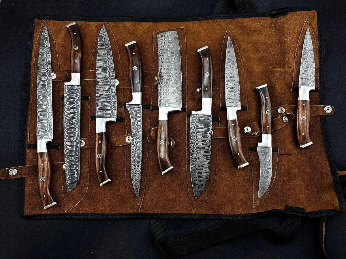 Premium Damascus Steel Chef Knife Set with Dark Rosewood Handle – Full Tang & Leather Roll - Unique Blades Runner
