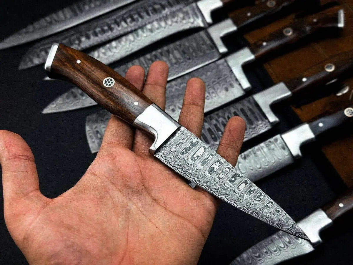 Premium Damascus Steel Chef Knife Set with Dark Rosewood Handle – Full Tang & Leather Roll - Unique Blades Runner