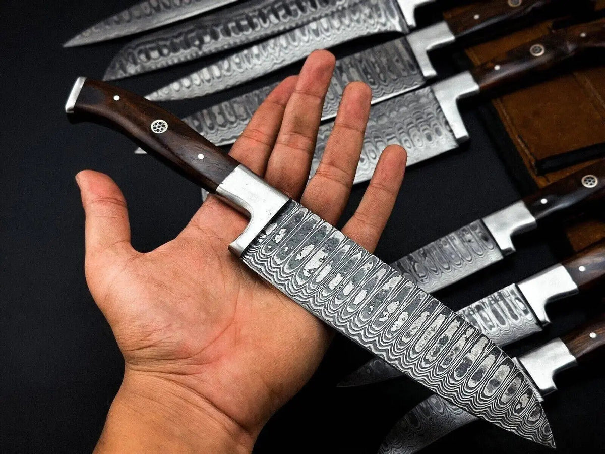 Premium Damascus Steel Chef Knife Set with Dark Rosewood Handle – Full Tang & Leather Roll - Unique Blades Runner