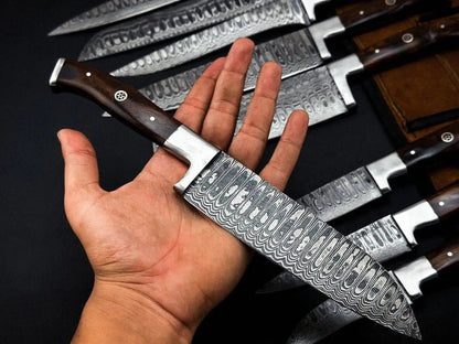 Premium Damascus Steel Chef Knife Set with Dark Rosewood Handle – Full Tang & Leather Roll - Unique Blades Runner