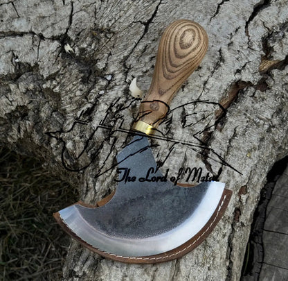 Round Ulu Knife with Wood Handle – Handmade Butcher Chopper with Leather Edge Cover - Unique Blades Runner
