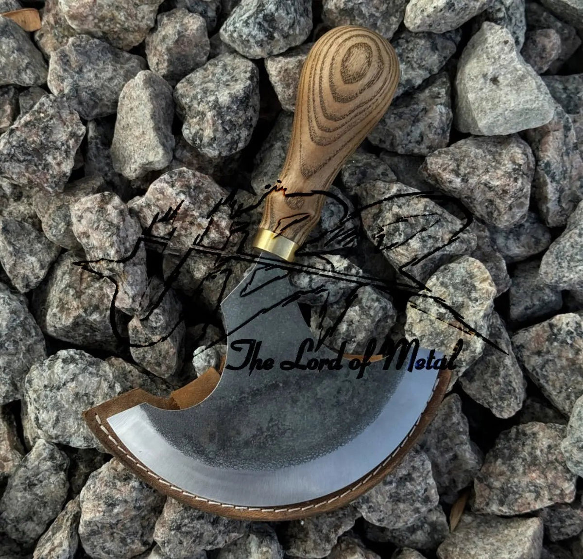 Round Ulu Knife with Wood Handle – Handmade Butcher Chopper with Leather Edge Cover - Unique Blades Runner
