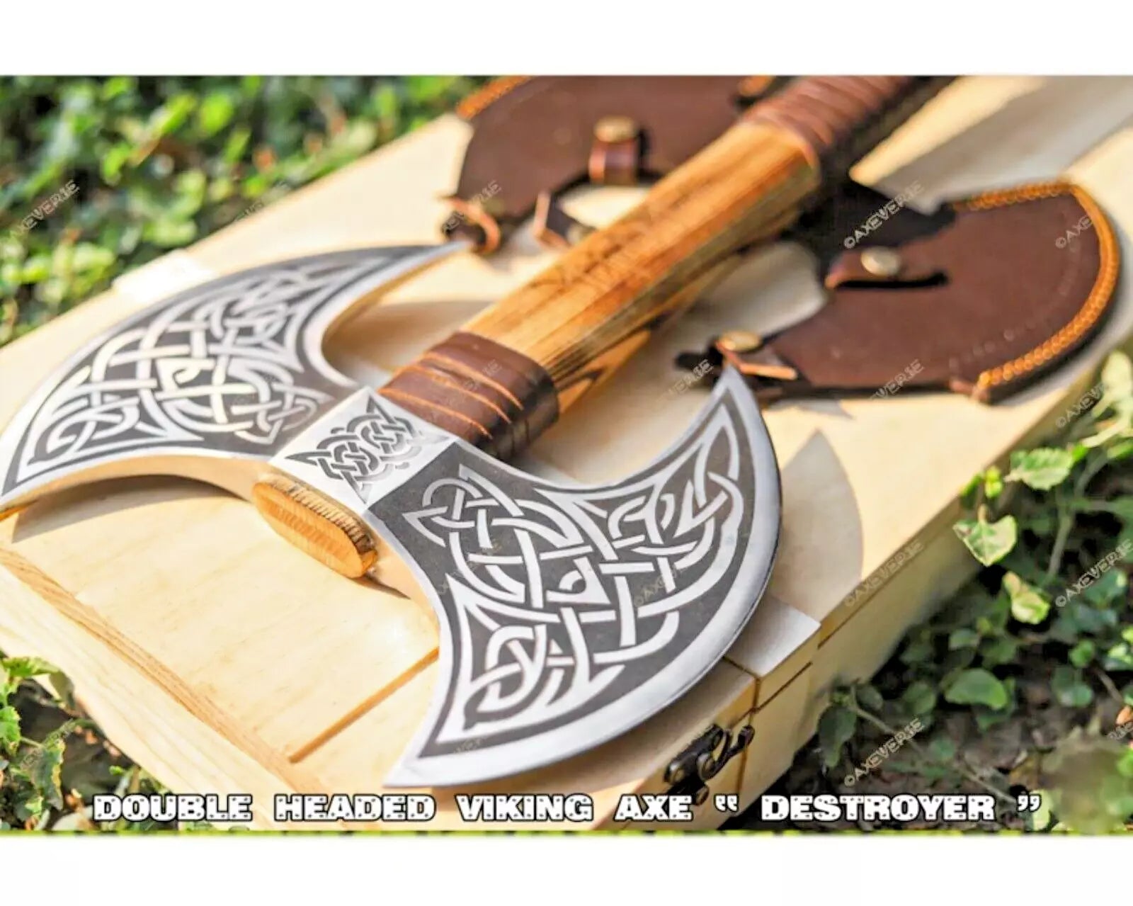 Celtic Viking Axe Double-Head, Hand Forged Steel, Custom Wooden Box Unique Blades Runner