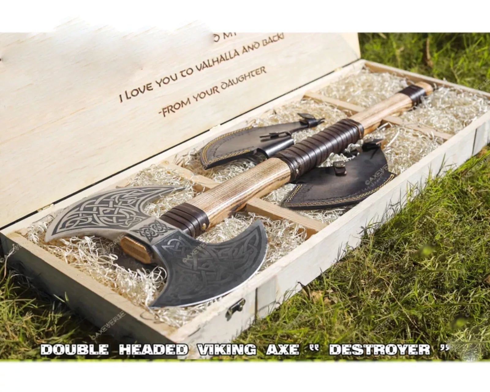 Celtic Viking Axe Double-Head, Hand Forged Steel, Custom Wooden Box Unique Blades Runner