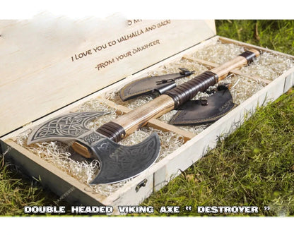 Celtic Viking Axe Double-Head, Hand Forged Steel, Custom Wooden Box Unique Blades Runner