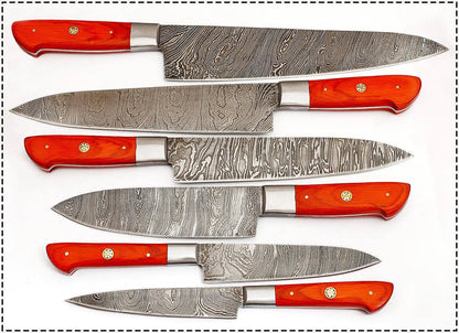 Custom Damascus Steel Kitchen Knife Set with Red Resin Handle – Handmade Full Tang Unique Blades Runner